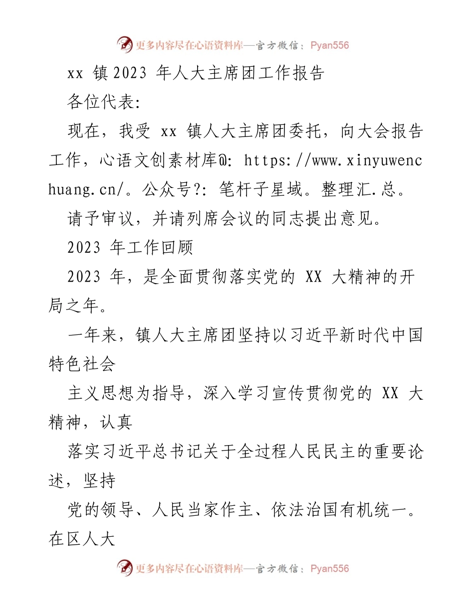 [工作报告] 镇人大会议 - xx 镇2023 年人大主席团工作总结报告.docx_第1页