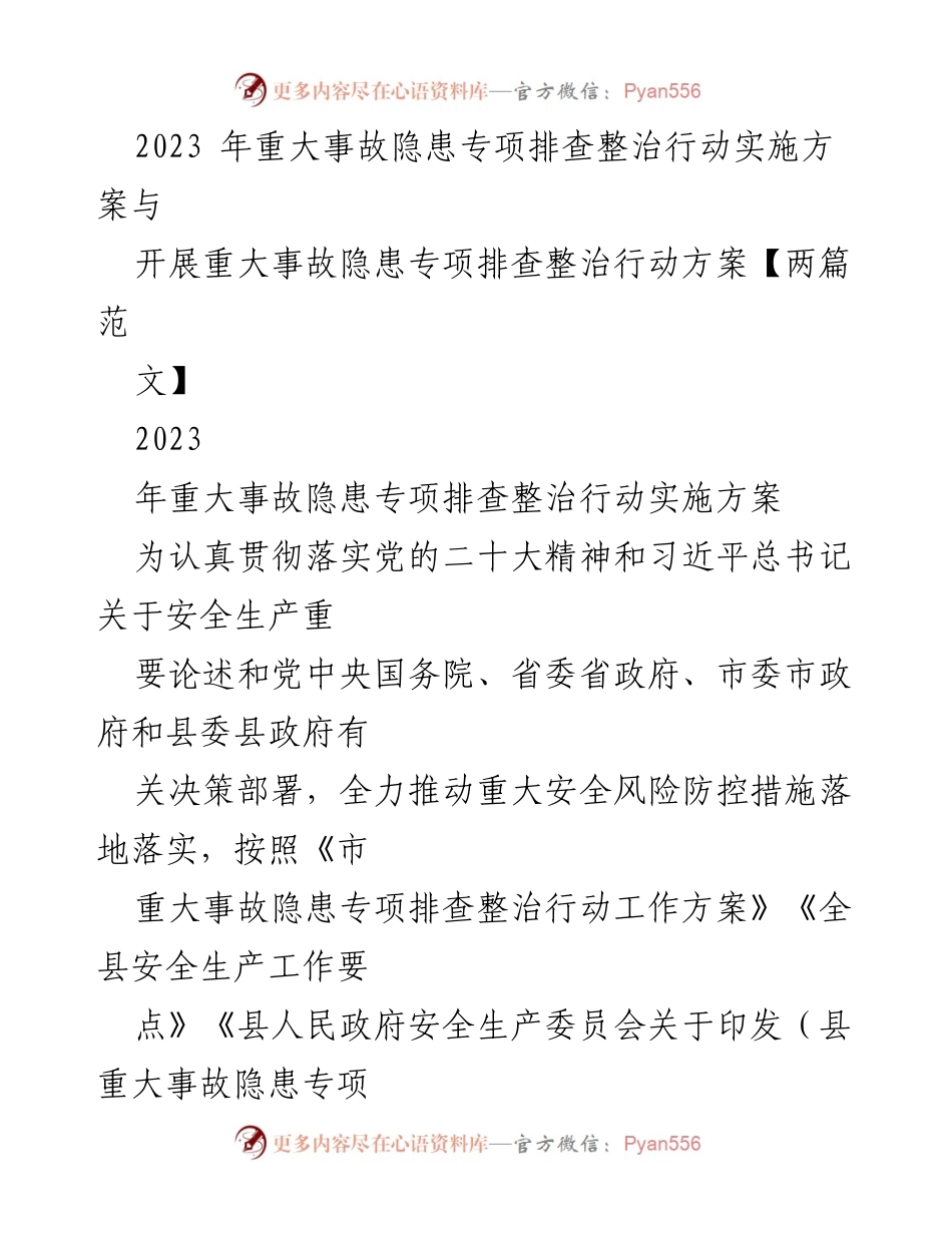 [工作方案] 安全生产 - 2023年重大事故隐患专项排查整治行动实施方案_2.docx_第1页