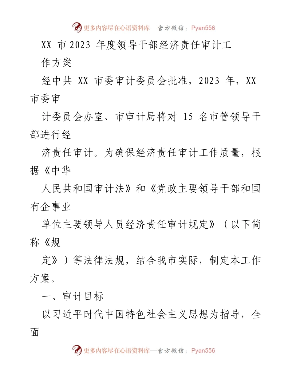 [工作方案] 审计工作 - 2023年度XX市领导干部经济责任审计工作方案.docx_第1页