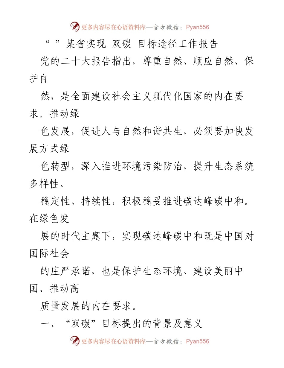 [工作报告] 省级会议 - 某省实现双碳目标的路径与意义分析.docx_第1页