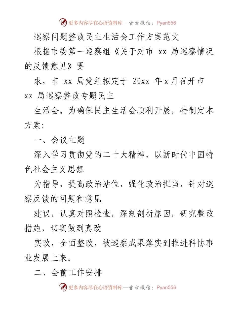 [工作方案] 巡察整改 - 市 xx 局巡察问题整改专题民主生活会工作方案_1.docx_第1页