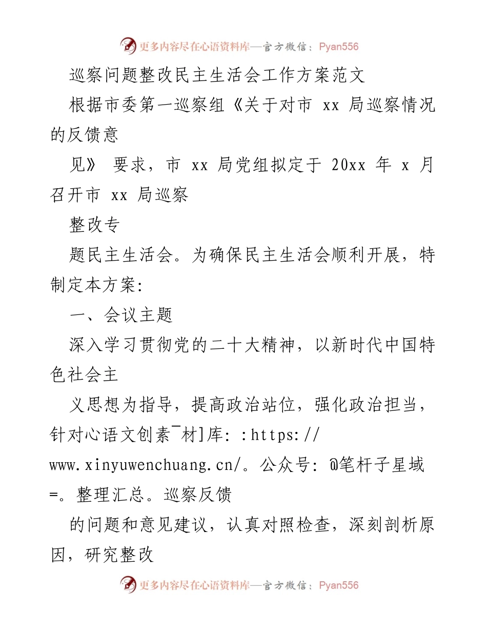 [工作方案] 巡察整改 - 市 xx 局巡察问题整改专题民主生活会工作方案.docx_第1页