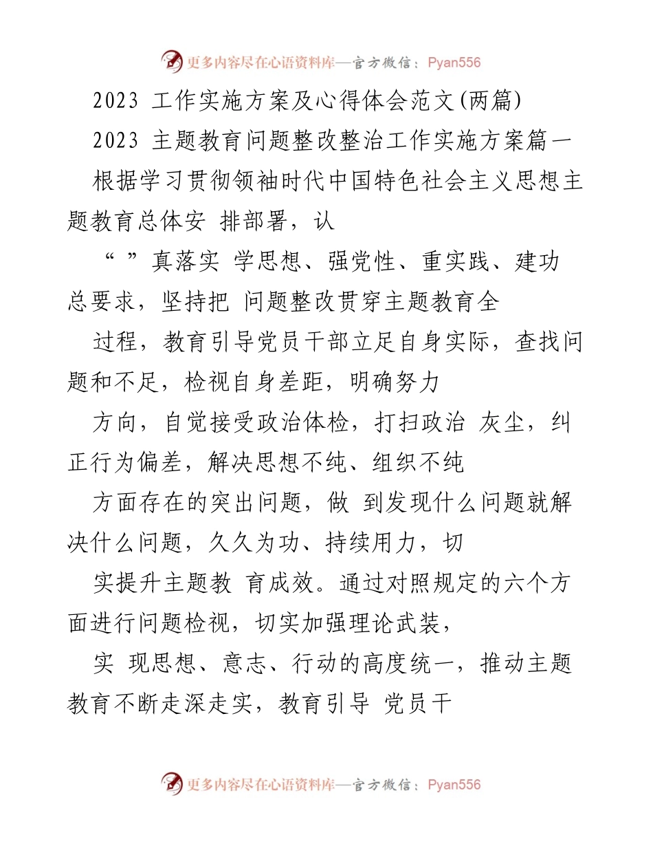 [工作方案] 主题教育 - 2023年主题教育问题整改实施方案及心得体会.docx_第1页