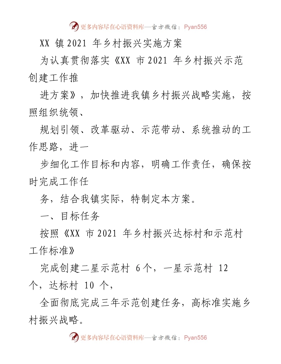 [工作方案] 乡村振兴 - XX镇2021年乡村振兴实施方案.docx_第1页