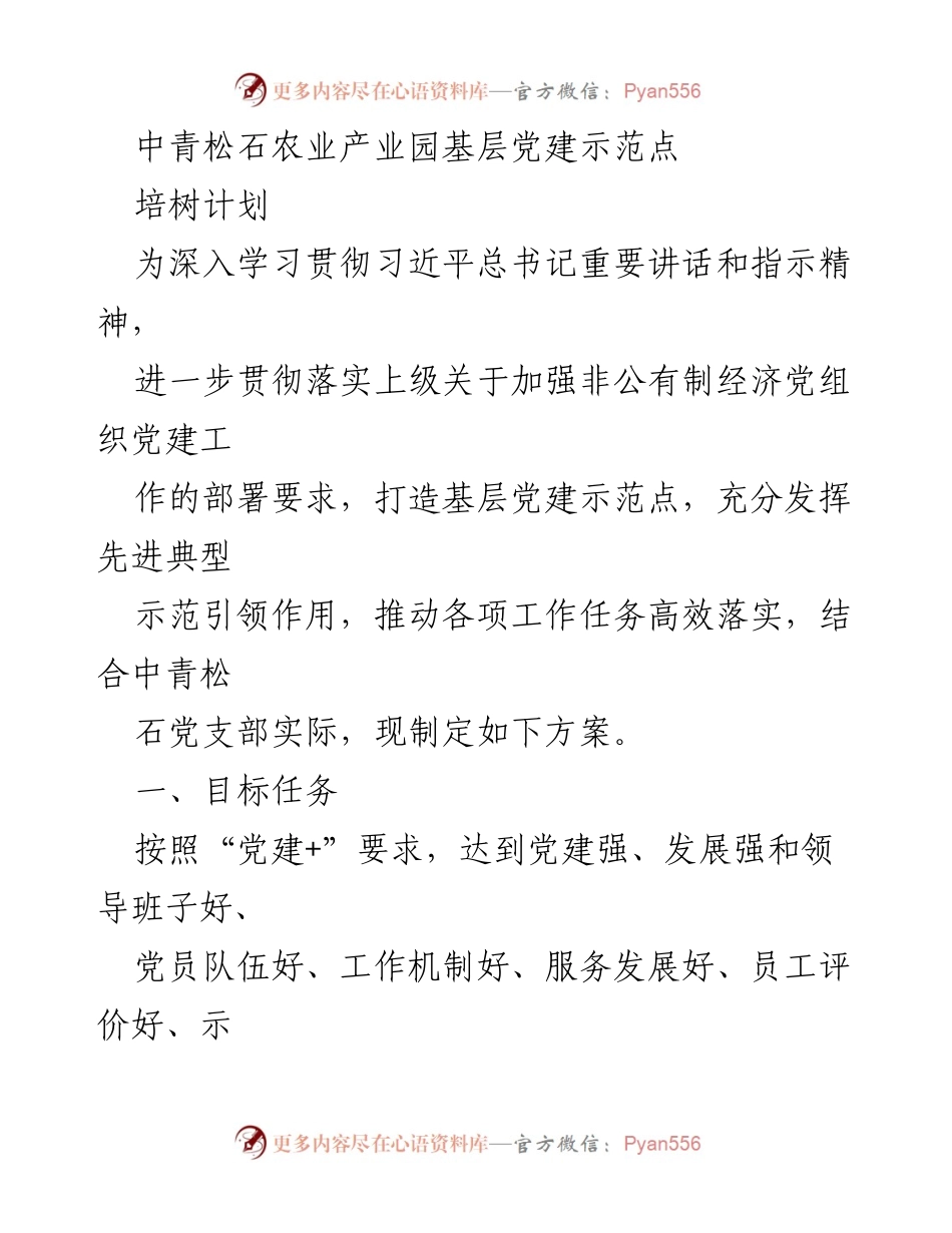 [工作方案] 基层党建 - 中青松石农业产业园基层党建示范点培树计划.docx_第1页