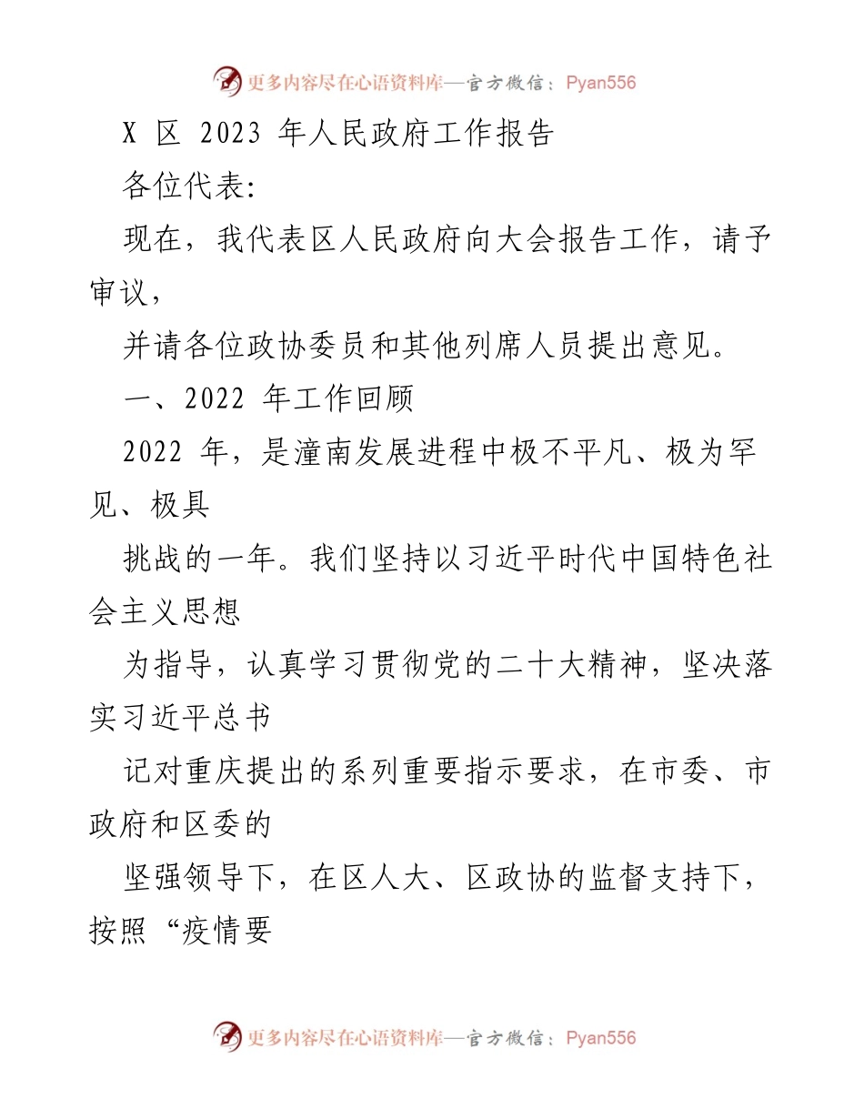 [工作报告] 政府大会 - 2023年X区人民政府工作报告_1.docx_第1页