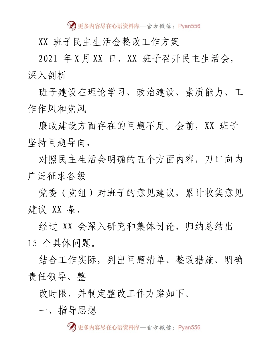 [工作方案] 民主生活会 - XX 班子整改工作方案.docx_第1页