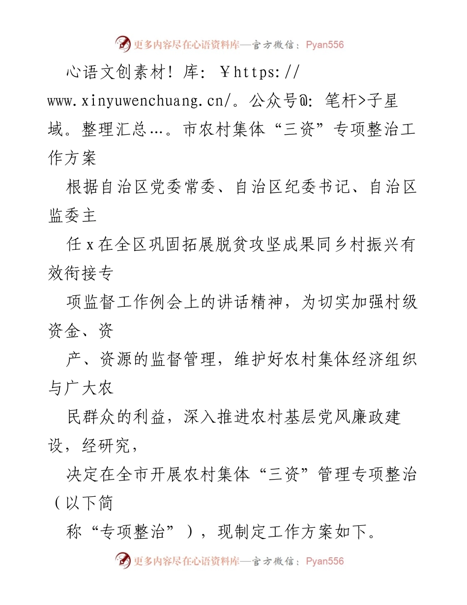 [工作方案] 农村集体经济管理 - 市农村集体“三资”专项整治工作方案.docx_第1页