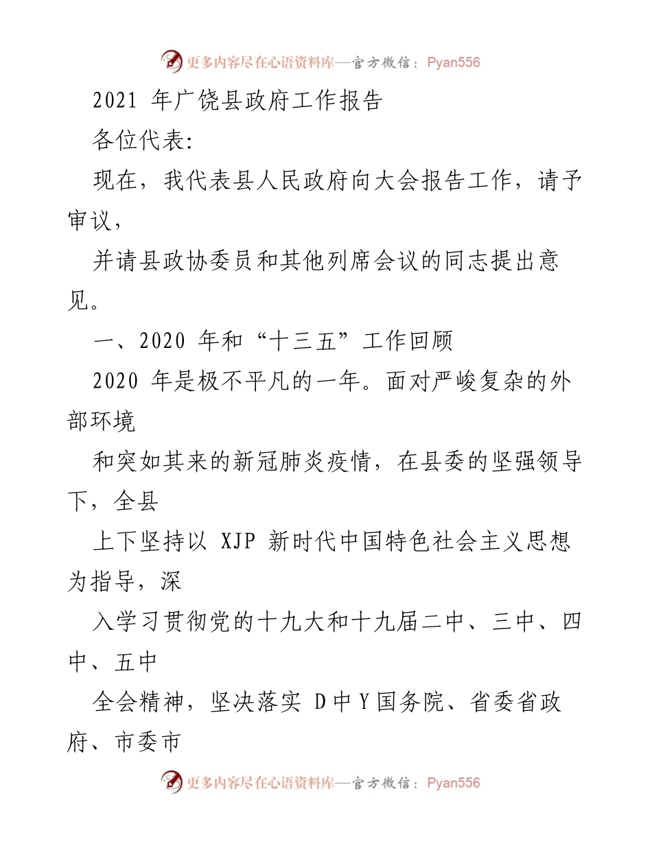[工作报告] 政府会议 - 2021年广饶县政府工作总结与展望.docx_第1页
