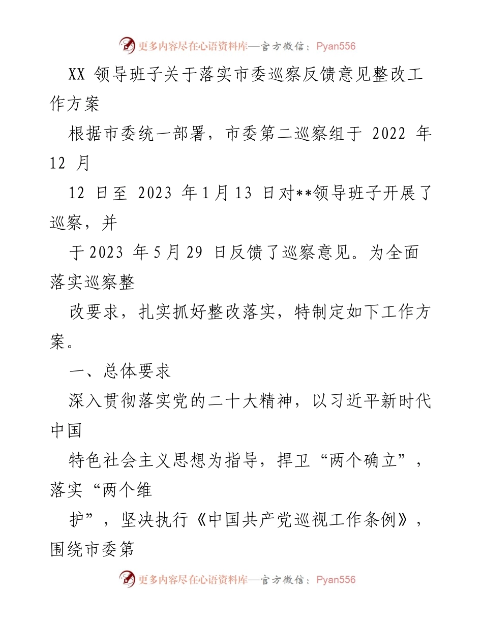 [工作方案] 巡察整改 - XX领导班子巡察反馈意见整改工作方案.docx_第1页