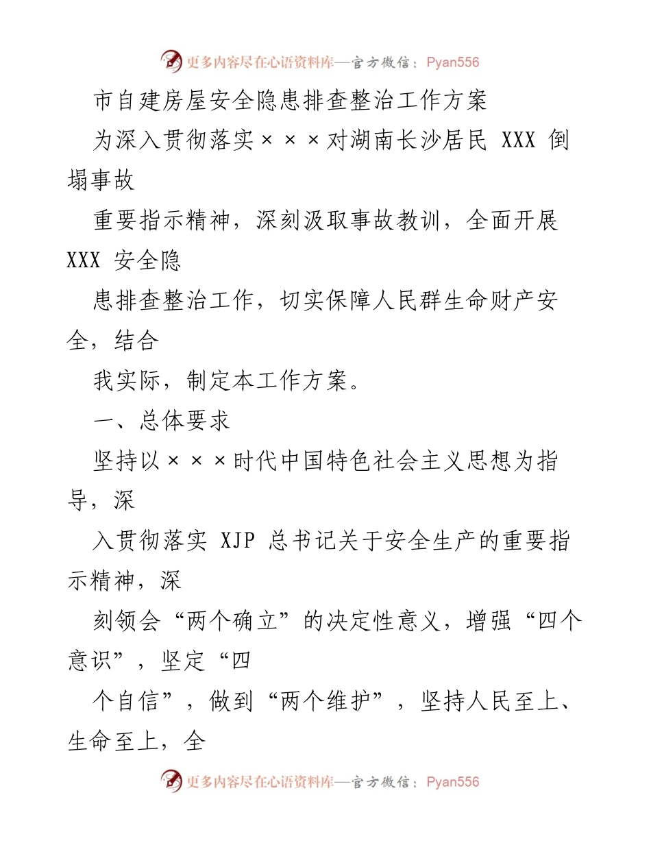 [工作方案] 安全隐患排查 - 市自建房屋安全隐患排查整治工作方案.docx_第1页