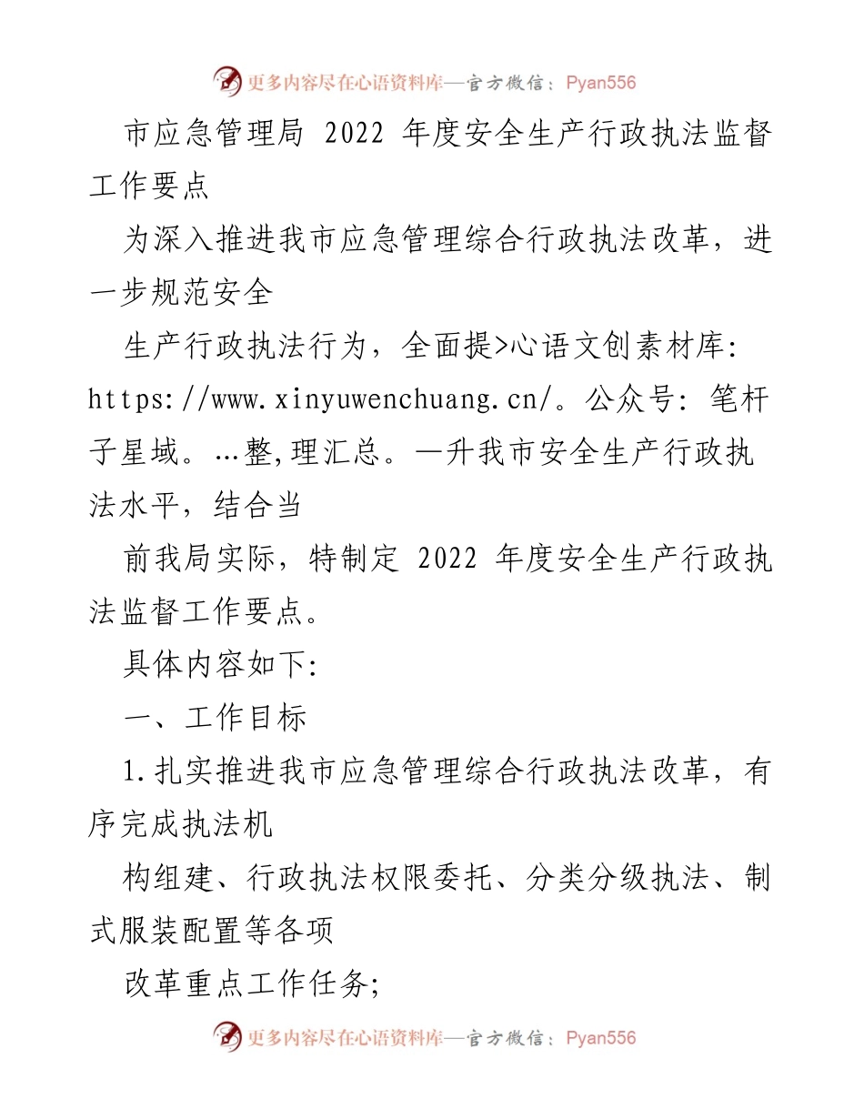[工作要点] 市应急管理局 - 2022年度安全生产行政执法监督工作要点.docx_第1页