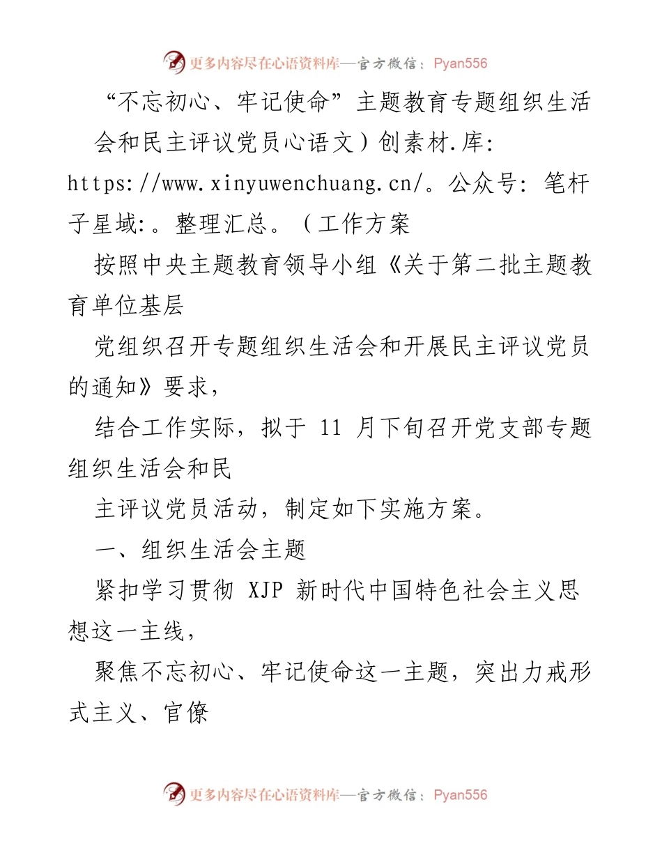 [工作方案] 党支部 - 不忘初心、牢记使命主题教育专题组织生活会及民主评议党员实施方案.docx_第1页