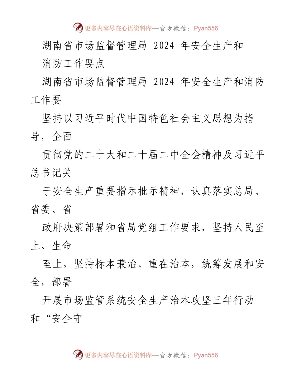 [工作要点] 2024年湖南省市场监督管理局 - 安全生产与消防工作要点.docx_第1页