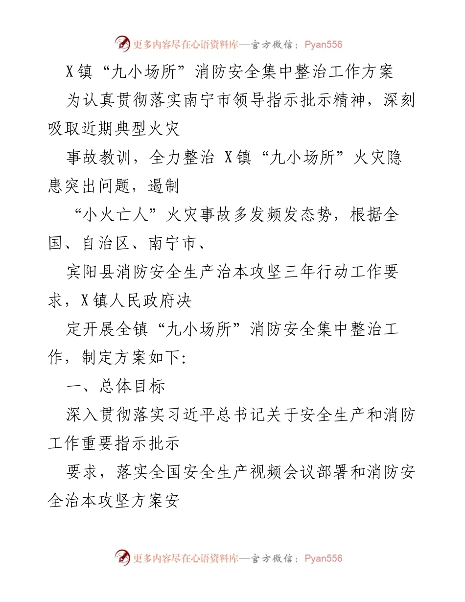 [工作方案] 消防安全整治 - X镇“九小场所”消防安全集中整治工作方案.docx_第1页