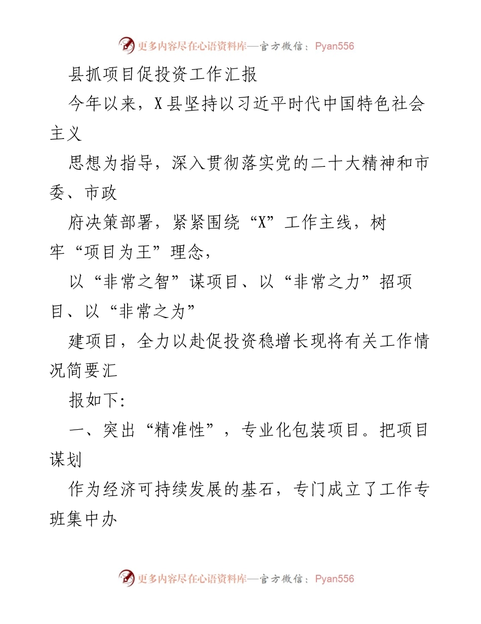 [工作汇报] 项目投资推进 - X县项目投资促进工作总结报告.docx_第1页