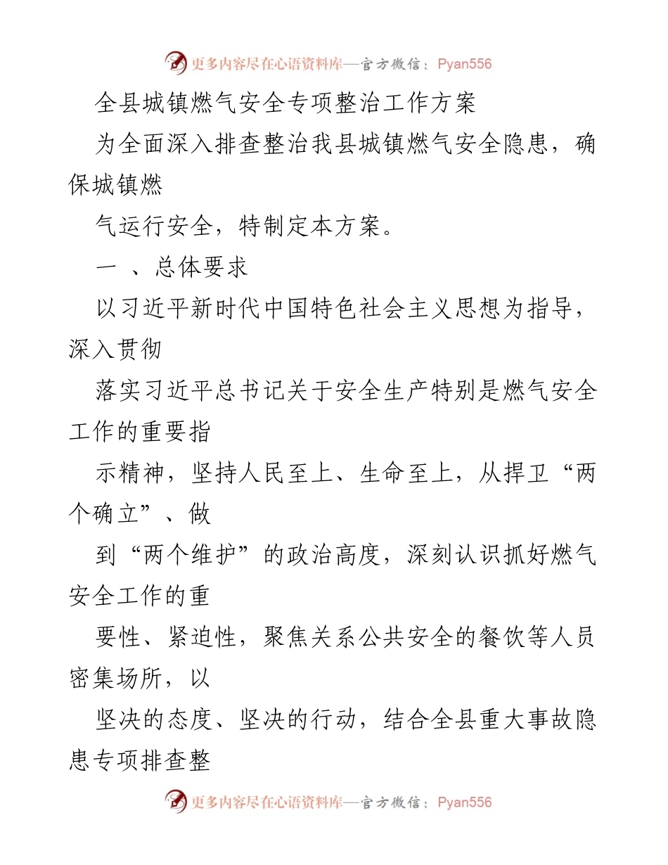 [工作方案] 燃气安全整治 - 全县城镇燃气安全专项整治工作方案.docx_第1页