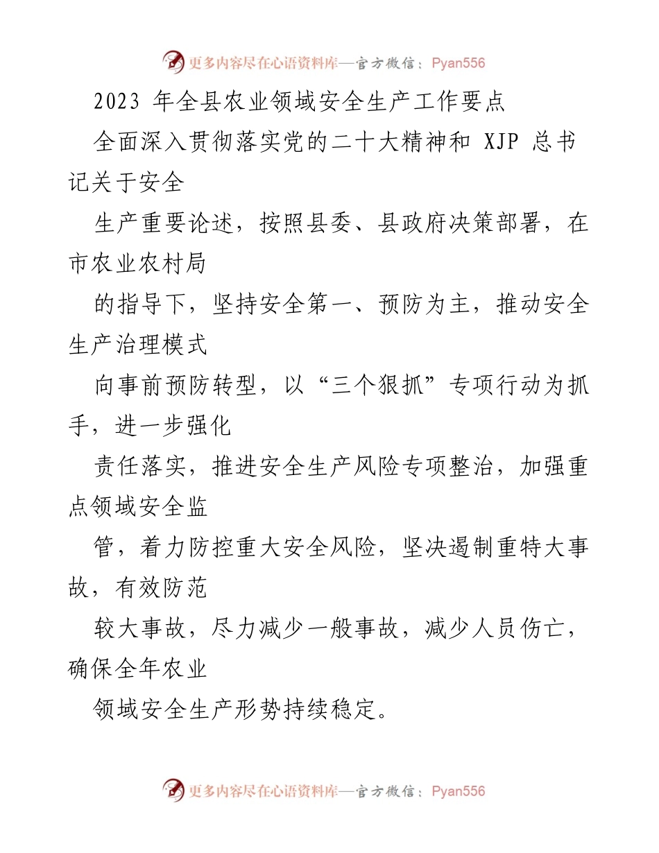 [工作要点] 农业安全生产 - 2023年全县农业领域安全生产工作要点.docx_第1页