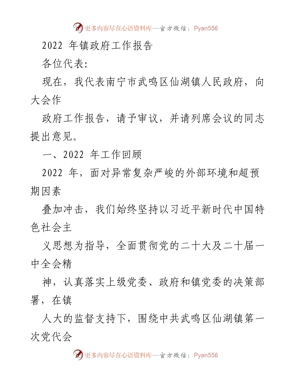 [工作报告] 政府会议 - 2022年仙湖镇政府工作总结报告.docx_第1页