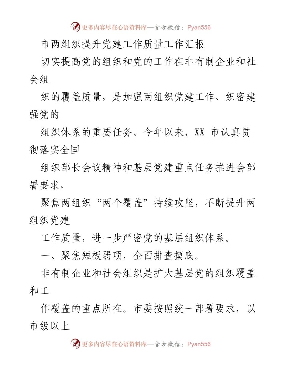 [工作汇报] 党建工作提升 - 提升非有制企业与社会组织党建工作质量的专项行动报告.docx_第1页