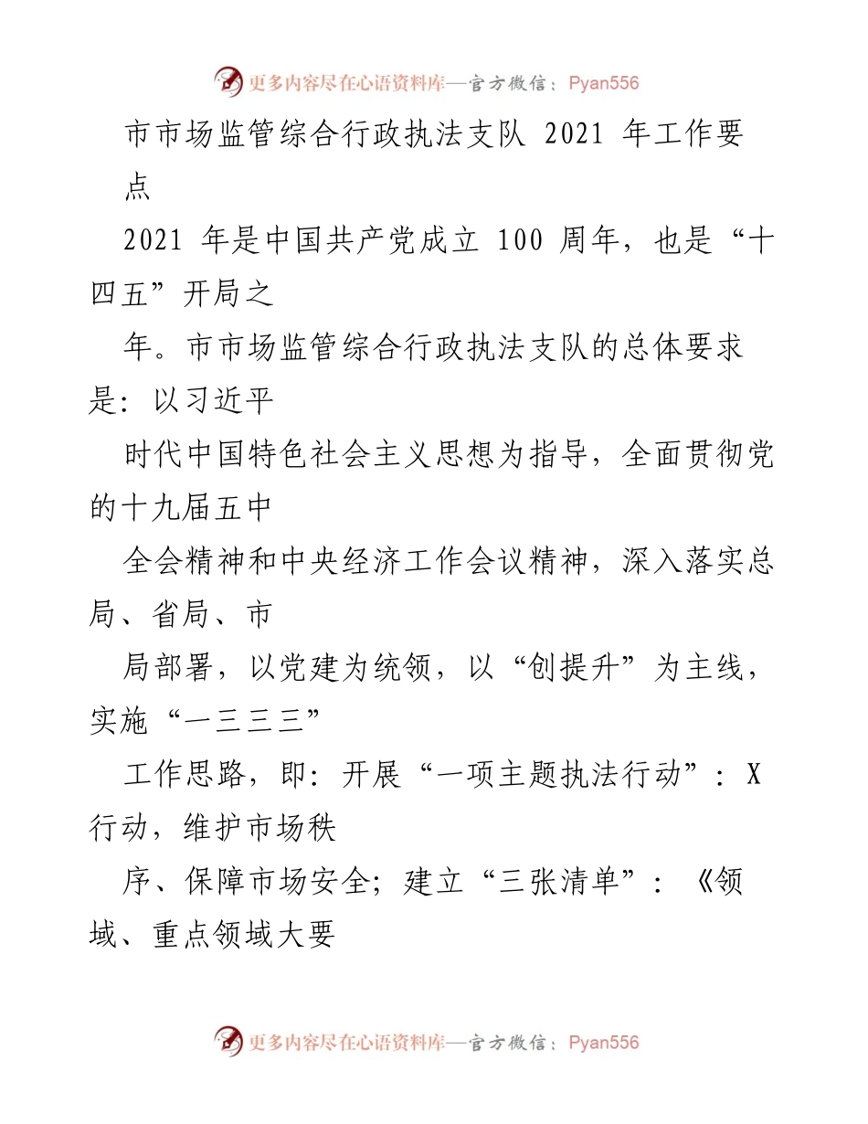 [工作要点] 市市场监管综合行政执法支队 - 2021年市场监管工作要点与实施计划.docx_第1页