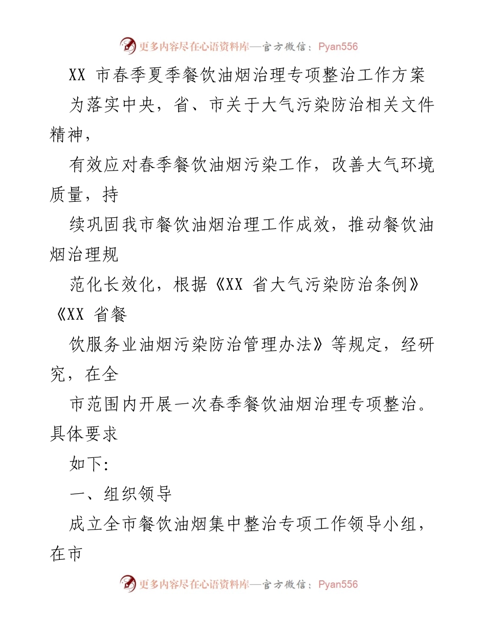[工作方案] 春季餐饮油烟治理 - XX市春季餐饮油烟治理专项整治工作方案.docx_第1页