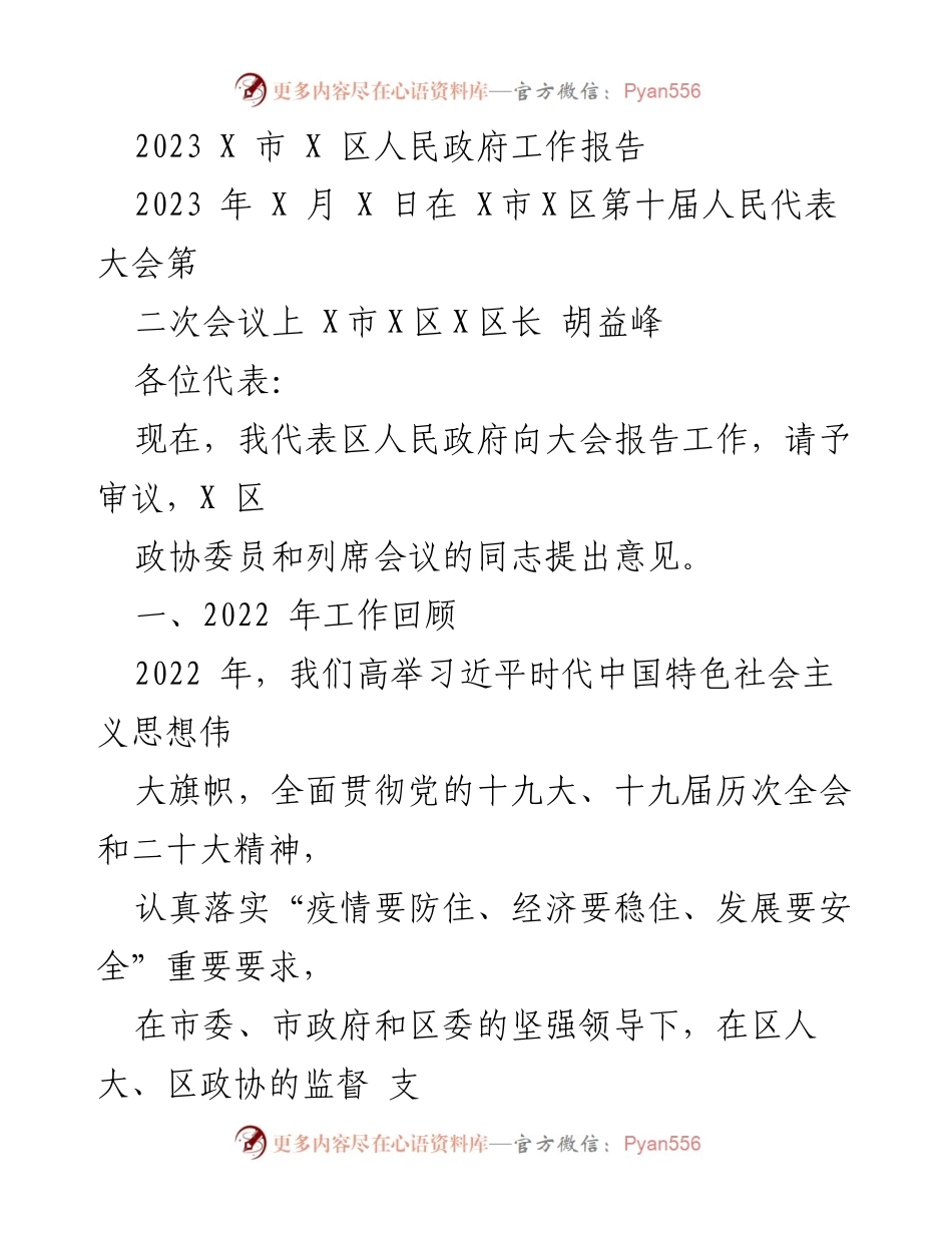 [工作报告] 政府会议 - 2023年X市X区人民政府工作报告.docx_第1页