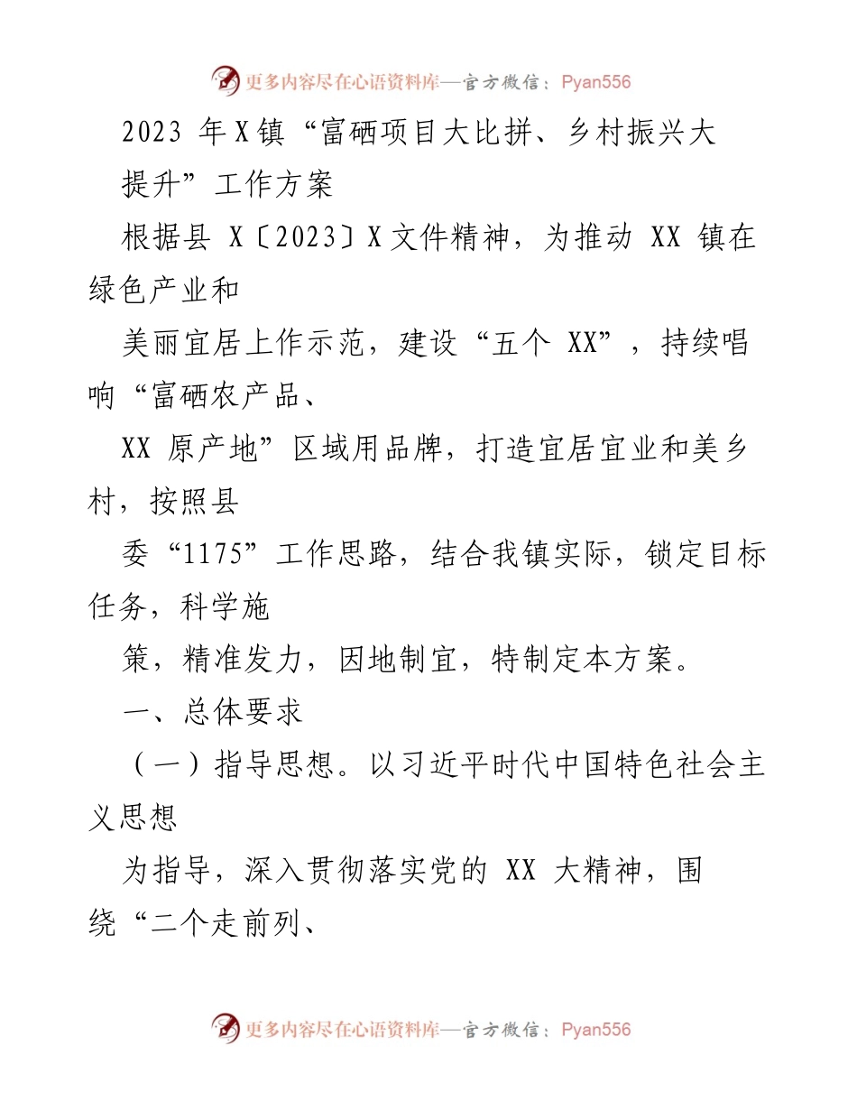 [工作方案] 镇级项目 - 2023年X镇富硒项目及乡村振兴工作方案.docx_第1页