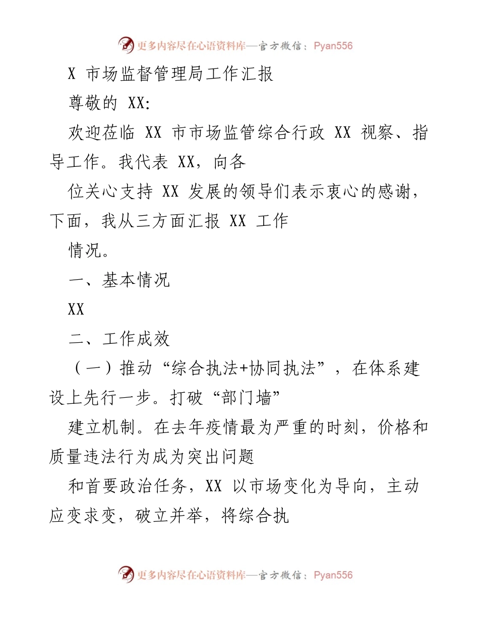 [工作汇报] 市场监管局视察 - XX 市市场监督管理局工作汇报.docx_第1页