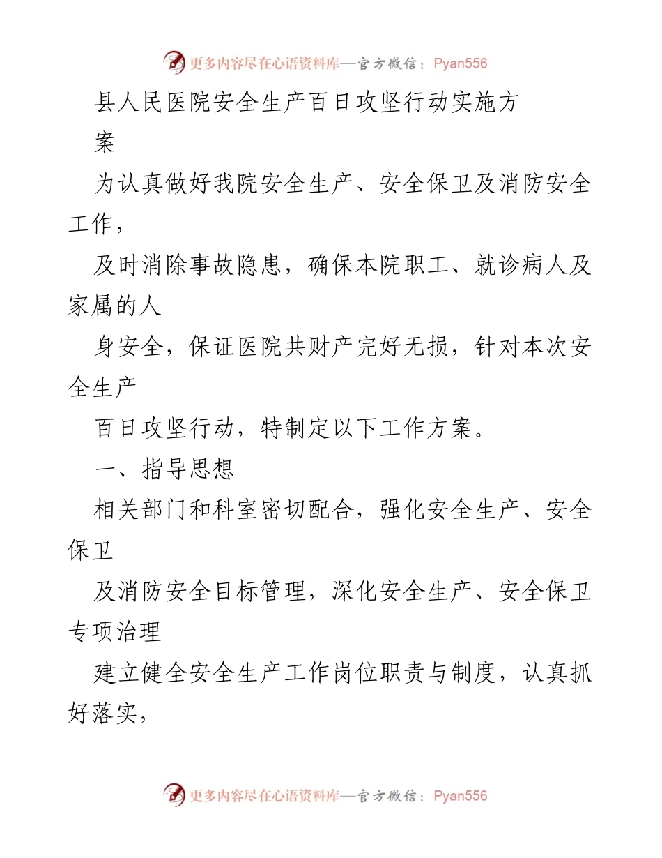 [工作方案] 医院安全生产 - 县人民医院安全生产百日攻坚行动实施方案.docx_第1页