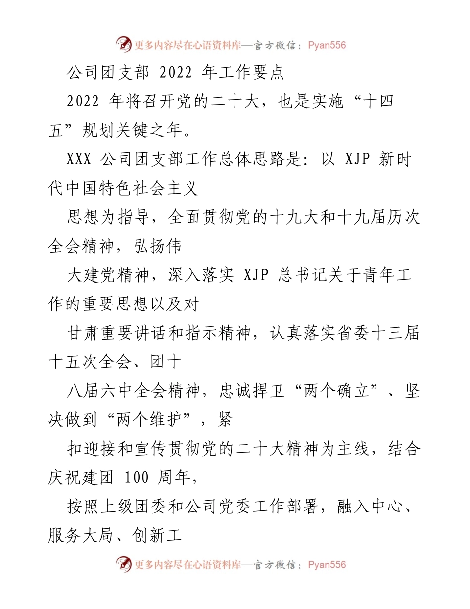 [工作要点] 公司团支部 - 2022年团支部工作要点与青年思想政治引导计划.docx_第1页
