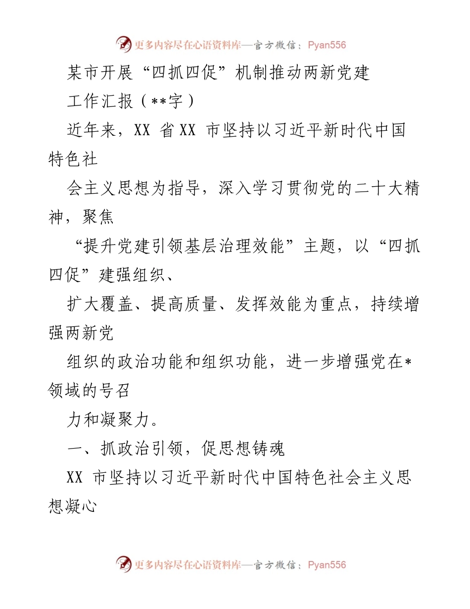[工作汇报] 党建工作会议 - 推动两新党建的“四抓四促”机制实施情况.docx_第1页