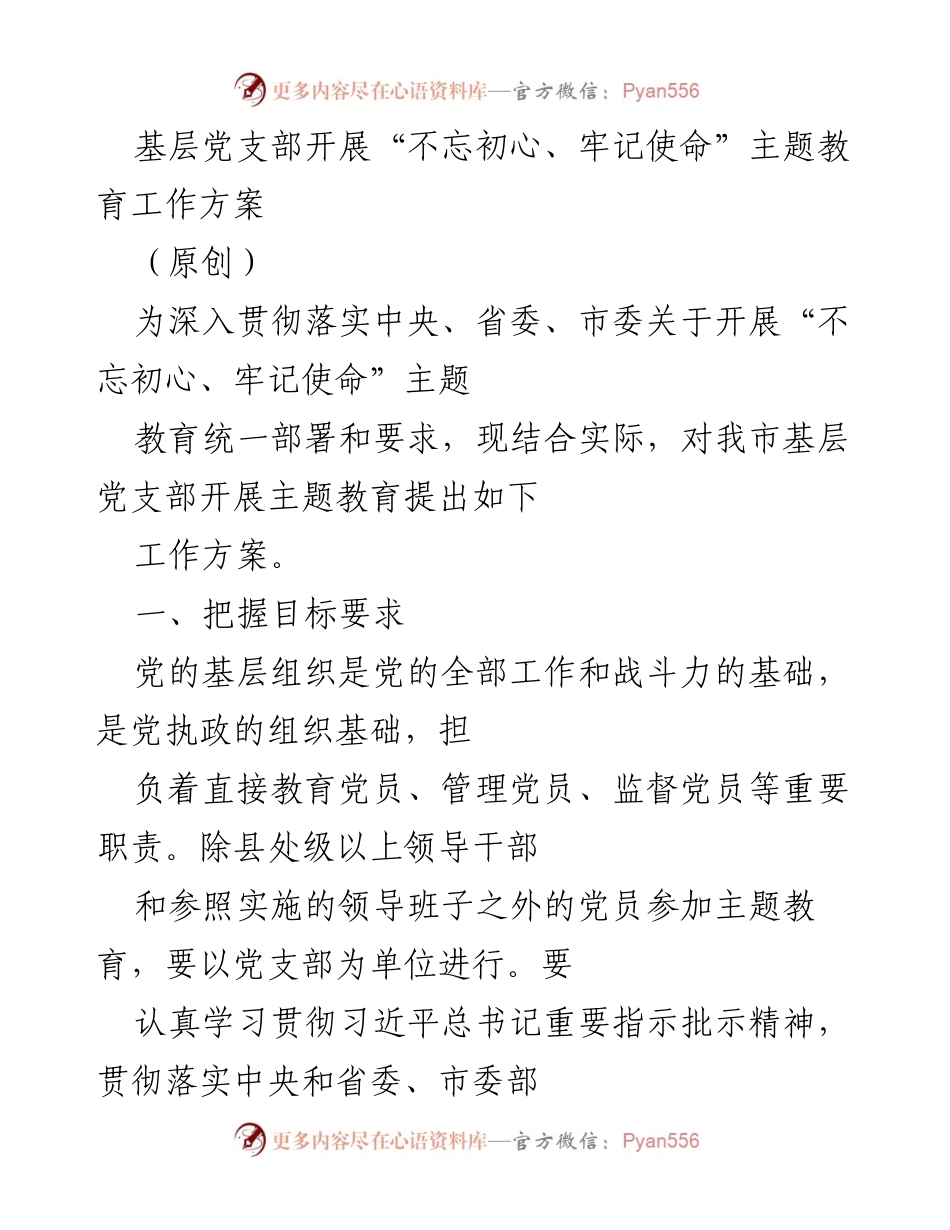[工作方案] 基层党支部 - 开展“不忘初心、牢记使命”主题教育的实施方案.docx_第1页