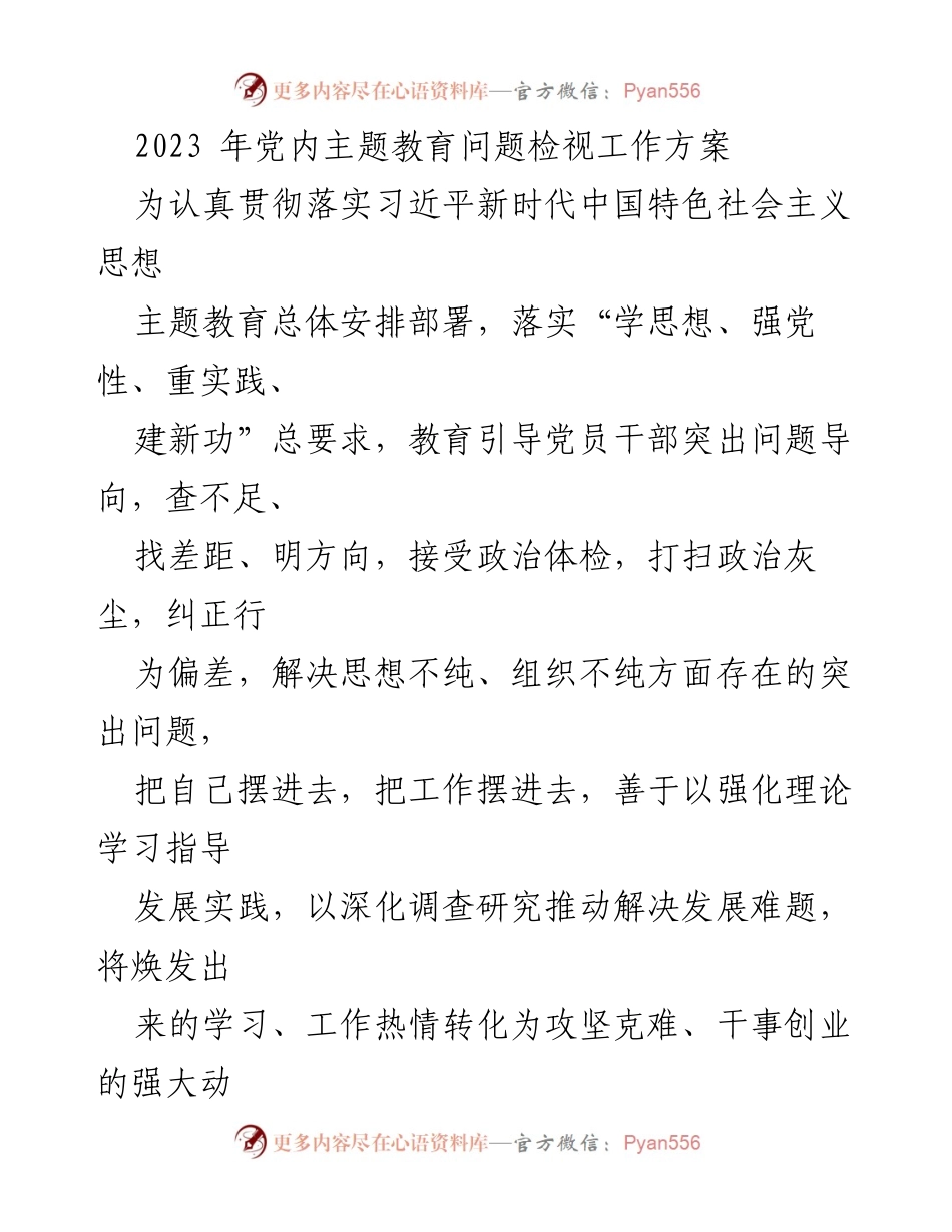 [工作方案] 党内主题教育 - 2023年党内主题教育问题检视工作方案.docx_第1页
