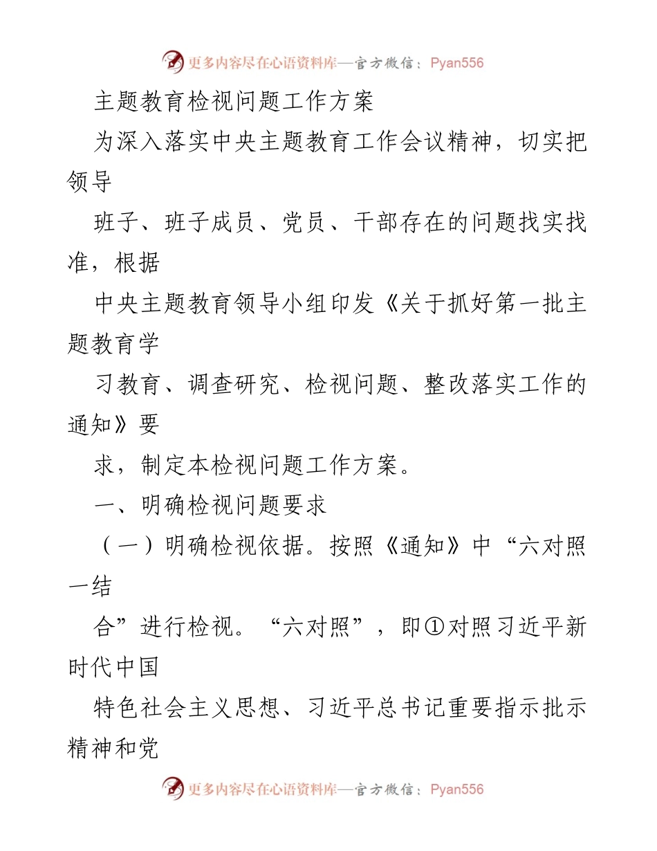 [工作方案] 主题教育 - 主题教育检视问题工作方案.docx_第1页