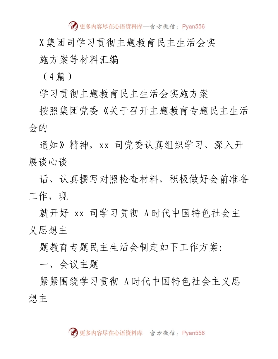 [工作方案] 主题教育民主生活会 - X集团司主题教育民主生活会实施方案汇编.docx_第1页