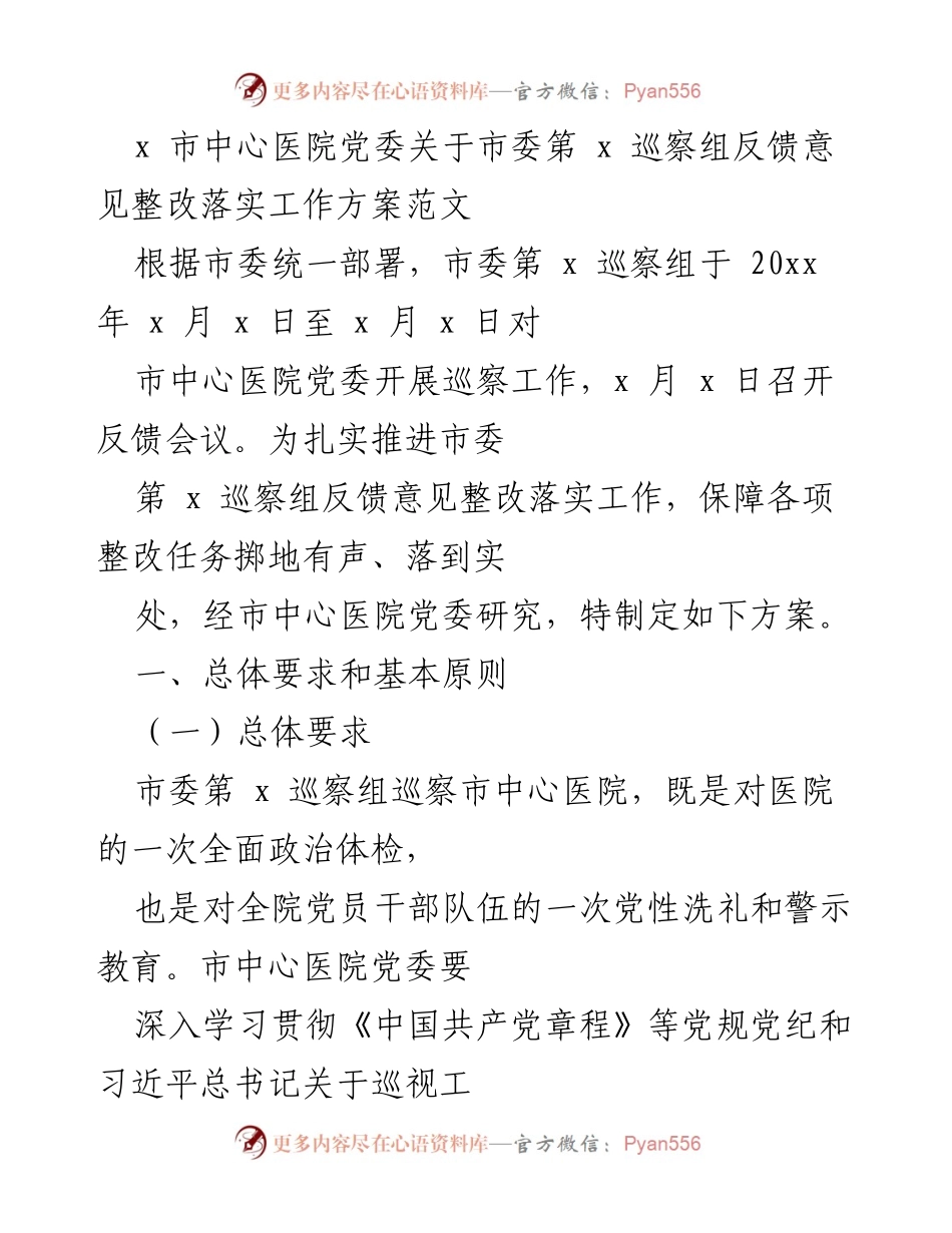 [工作方案] 巡察整改 - 市中心医院党委巡察整改落实工作方案.docx_第1页