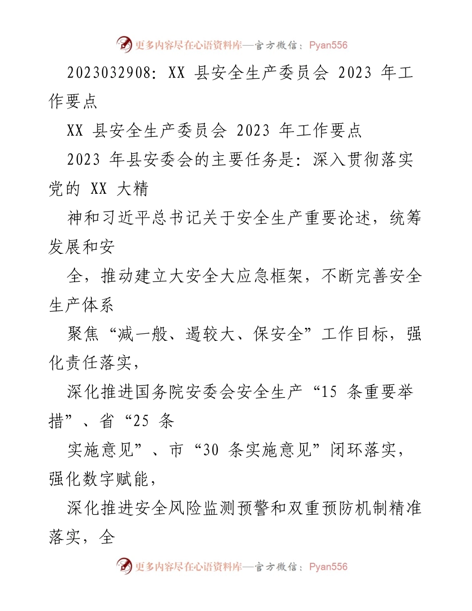 [工作要点] 安全生产委员会会议 - XX 县安全生产委员会2023年工作要点.docx_第1页