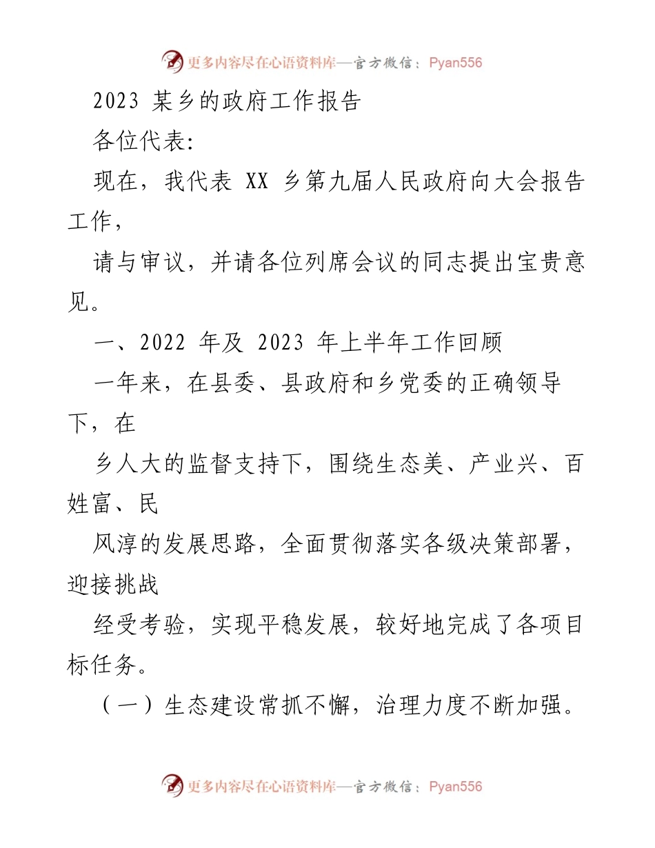 [工作报告] 政府大会 - 2023年某乡政府工作报告.docx_第1页