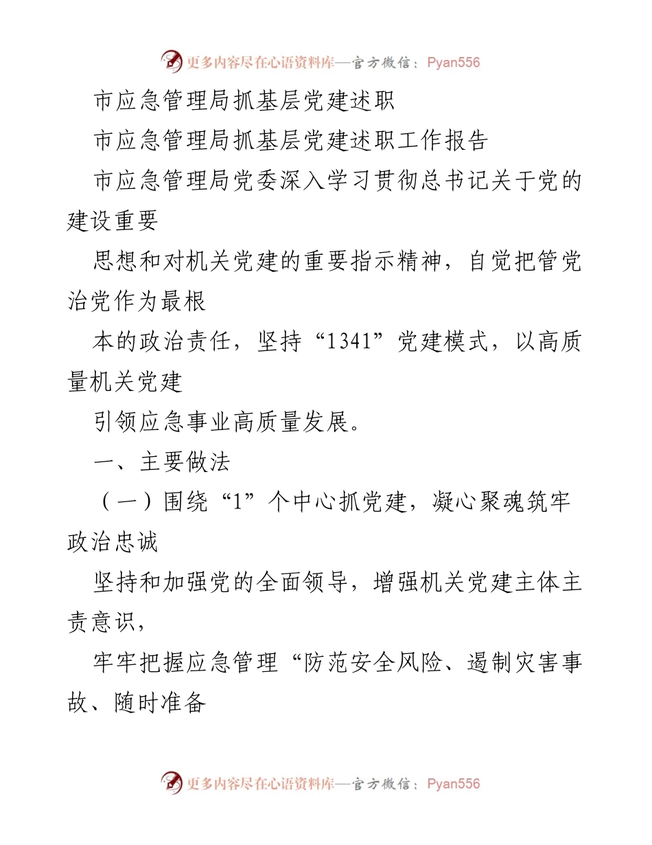 [工作报告] 市应急管理局 - 基层党建述职工作报告：推动高质量应急管理发展.docx_第1页
