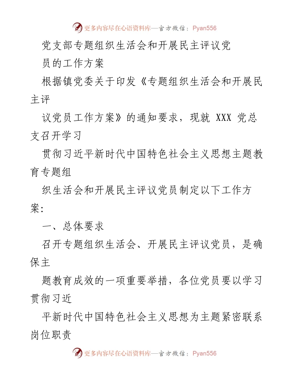 [工作方案] 党支部专题组织生活会 - 召开专题组织生活会及民主评议党员工作方案.docx_第1页