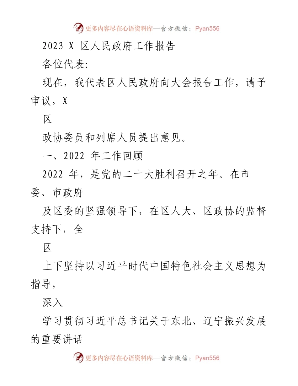 [工作报告] 政府会议 - 2023 X 区人民政府工作总结报告.docx_第1页
