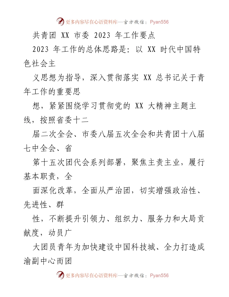 [工作要点] 共青团 XX 市委 - 2023 年共青团工作要点及实施方案.docx_第1页