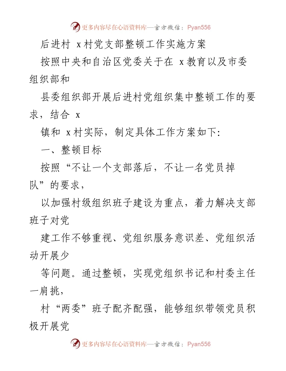 [工作方案] 党组织整顿 - 后进村党支部整顿工作实施方案.docx_第1页