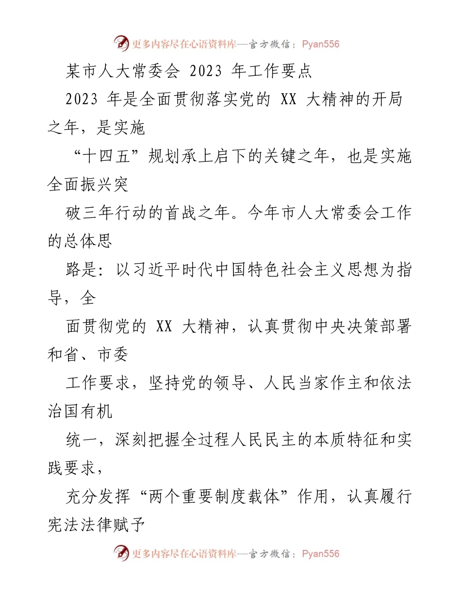 [工作要点] 市人大常委会 - 2023年人大常委会工作要点及法治建设推进计划.docx_第1页