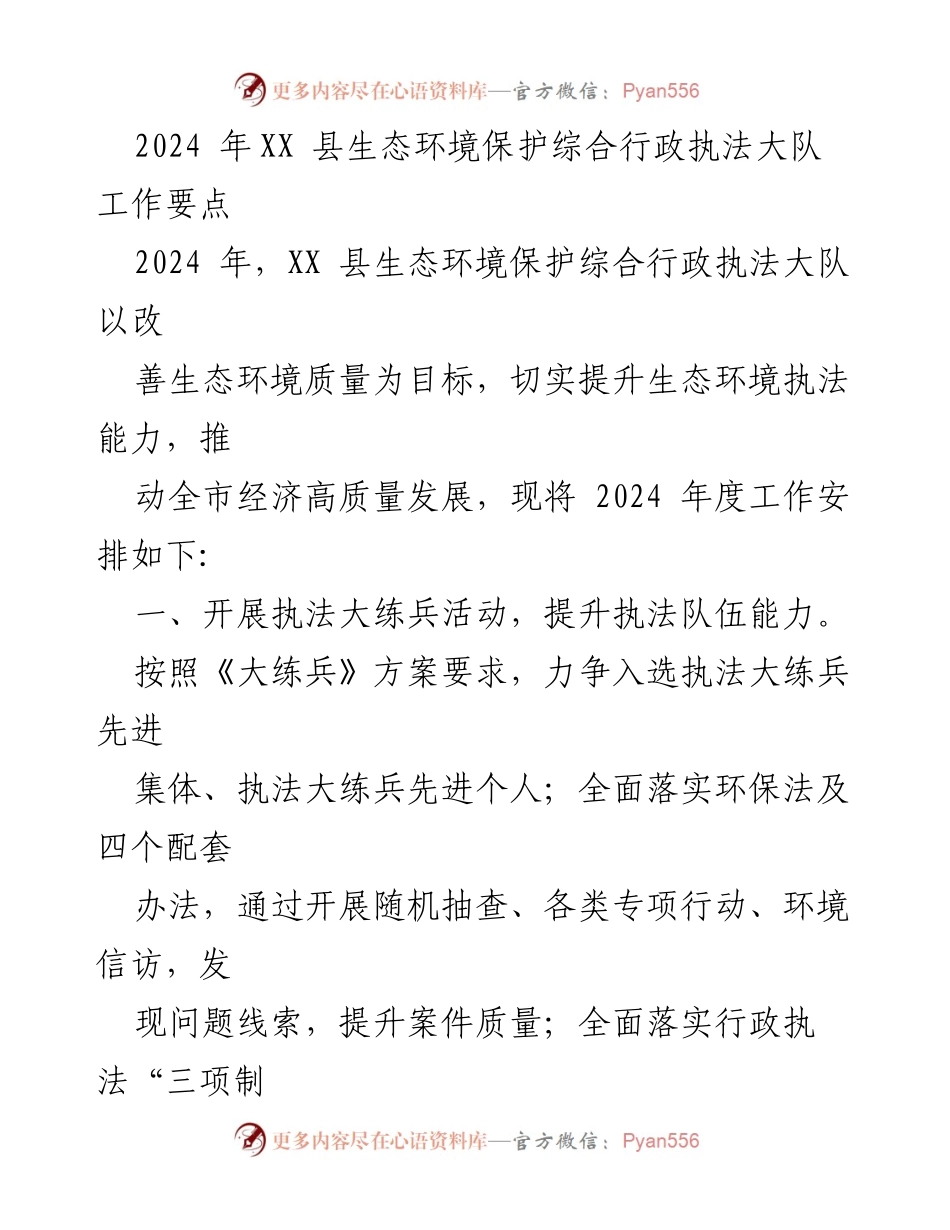 [工作要点] 2024年XX县生态环境保护综合行政执法大队 - 提升执法能力，构建优良营商环境与环境信访调处.docx_第1页