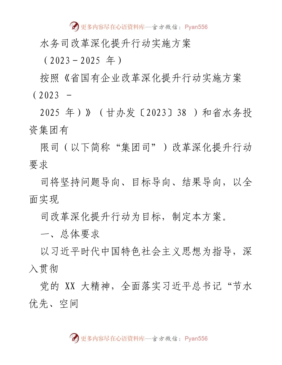 [工作方案] 政府改革 - 水务司改革深化提升行动实施方案（2023-2025）.docx_第1页