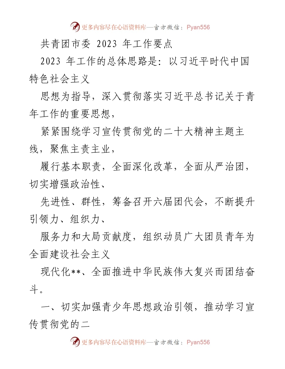 [工作要点] 共青团市委 - 2023年共青团工作要点及思想政治引领策略.docx_第1页