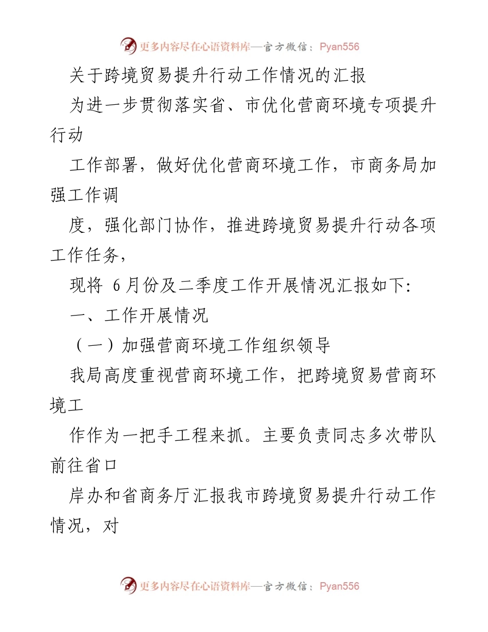 [工作汇报] 业务推进 - 跨境贸易提升行动工作情况汇报.docx_第1页
