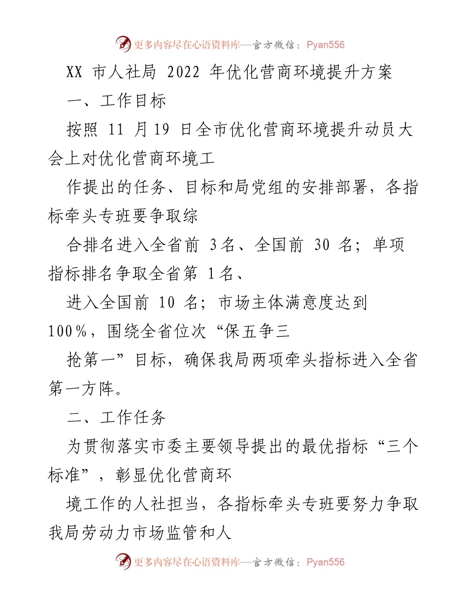 [工作方案] 优化营商环境提升动员大会 - XX市人社局2022年优化营商环境提升方案.docx_第1页